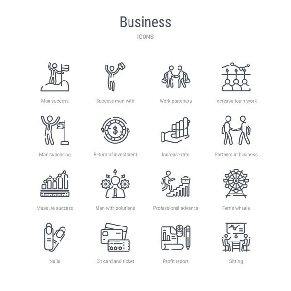 Conjunto de 16 ícones de linha vetorial conceito de negócio, como sentado, pr —  Vetores de Stock