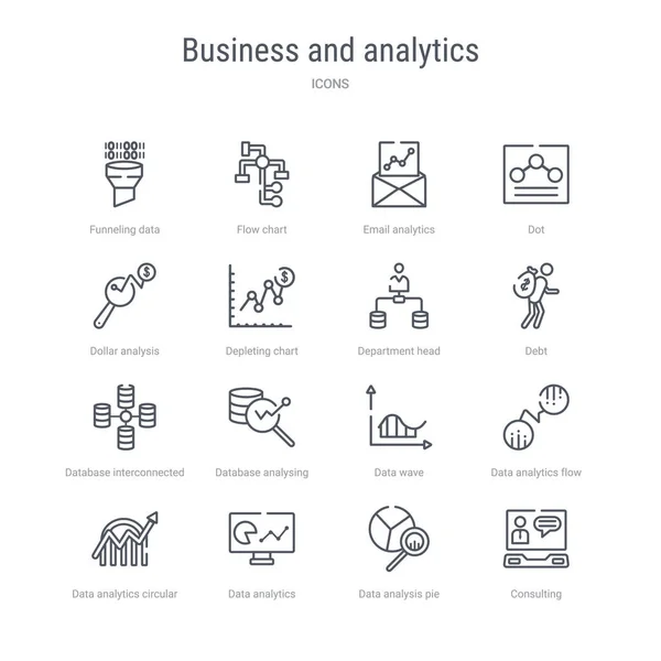 Uppsättning av 16 affärs-och analys koncept vektor linje ikoner — Stock vektor