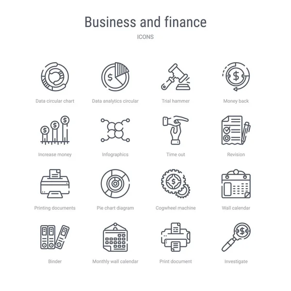 Sor 16 üzleti és pénzügyi koncepció vektor vonal ikonok, mint például — Stock Vector