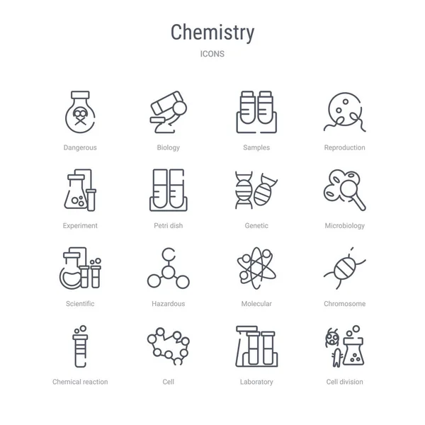 Conjunto de 16 ícones de linha vetorial conceito de química, como a célula divis —  Vetores de Stock
