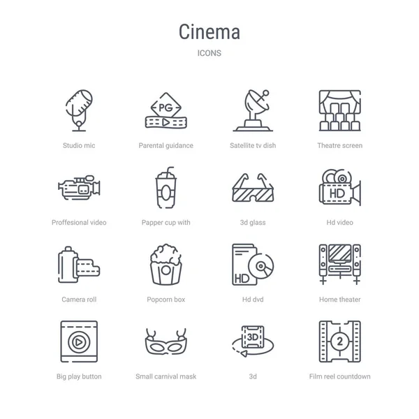 Conjunto de 16 iconos de línea vectorial concepto de cine como carrete de película cou — Vector de stock