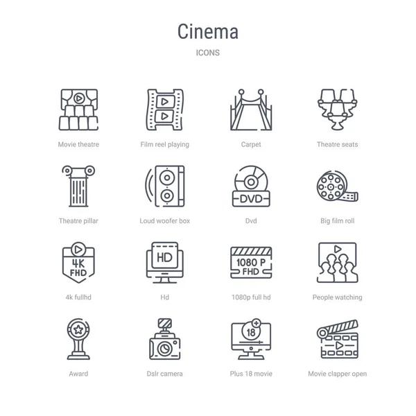 Conjunto de 16 iconos de línea vectorial concepto de cine, tales como película clapper — Vector de stock