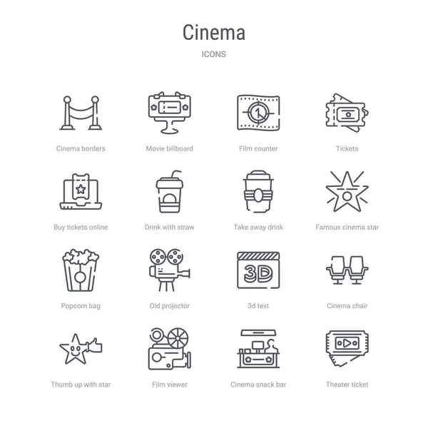 Conjunto de 16 iconos de línea vectorial concepto de cine como ticke teatro — Vector de stock