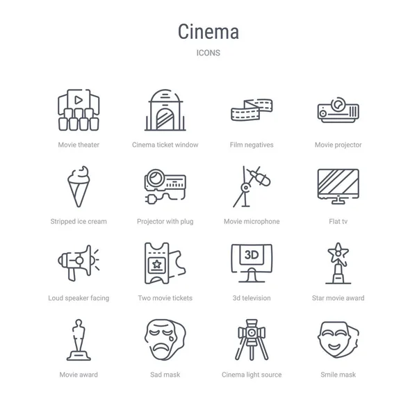 Set van 16 Cinema concept vector lijn iconen zoals Smile Mask, c — Stockvector