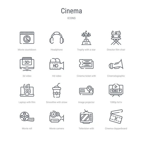 Zestaw 16 ikon kinowych linii wektorowych, takich jak kino: Clappe — Wektor stockowy