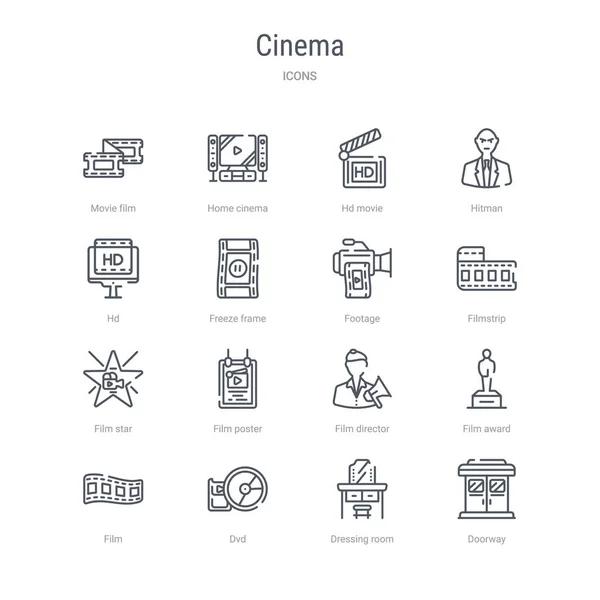 Conjunto de 16 iconos de línea vectorial concepto de cine como puerta, dres — Vector de stock
