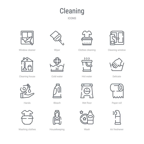Σύνολο 16 εννοιών καθαρισμού διανυσματικά εικονίδια γραμμής, όπως το φρεσκάρισμα του αέρα — Διανυσματικό Αρχείο