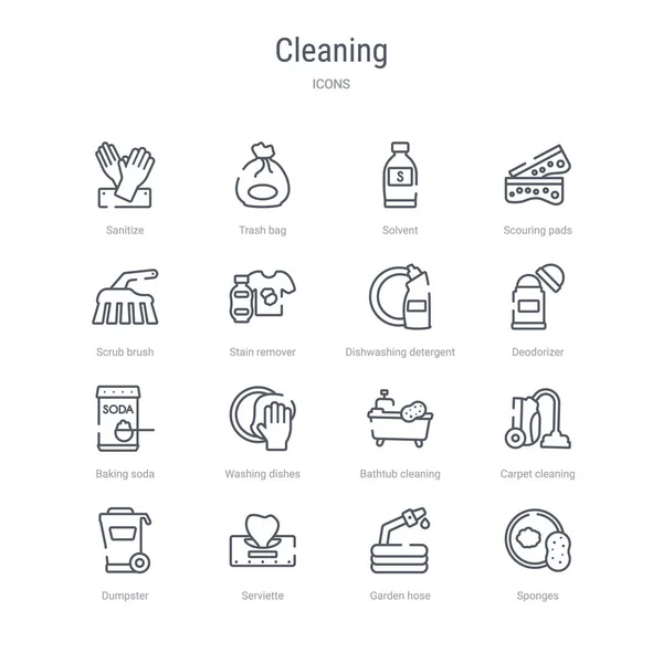 Set of 16 cleaning concept vector line icons such as sponges, ga — Stock Vector