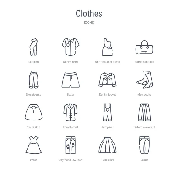 Conjunto de 16 roupas conceito vetor ícones de linha, como jeans, tule —  Vetores de Stock