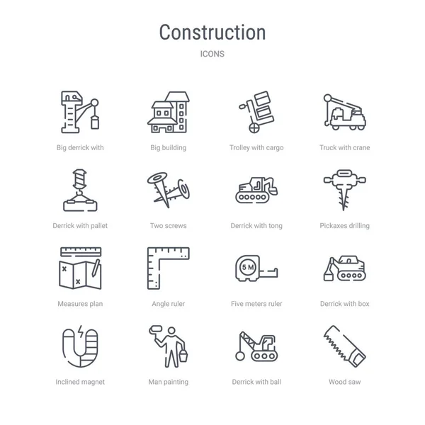 Satz von 16 Konstruktionskonzepten Vektorzeilensymbole wie Holz sa — Stockvektor