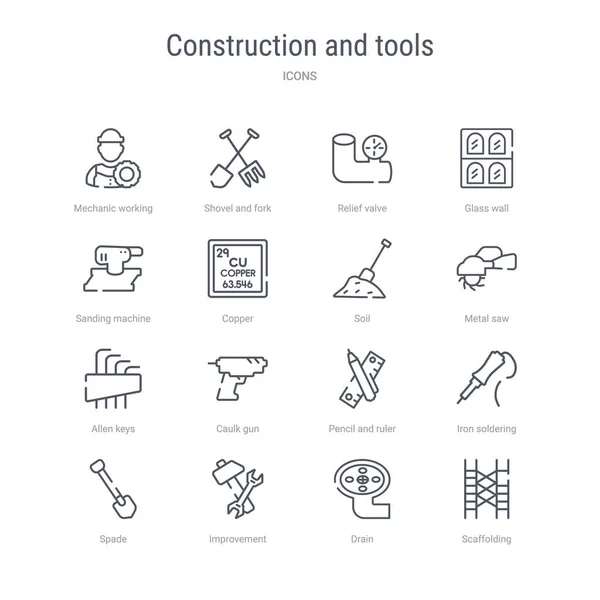 Набор из 16 конструкций и инструментов концепт-векторные линии значки, такие как — стоковый вектор