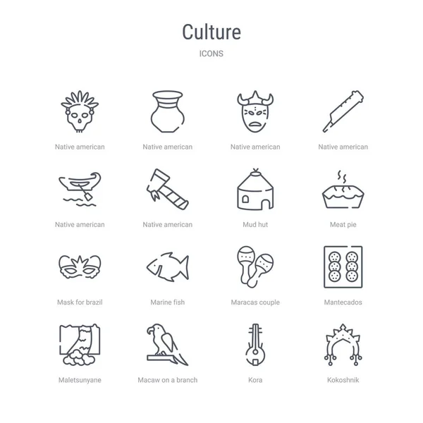 Conjunto de 16 cultura concepto vector línea iconos como kokoshnik, k — Vector de stock