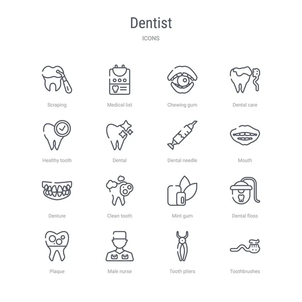 Conjunto de 16 ícones de linha vetorial conceito dentista, como escovas de dentes —  Vetores de Stock