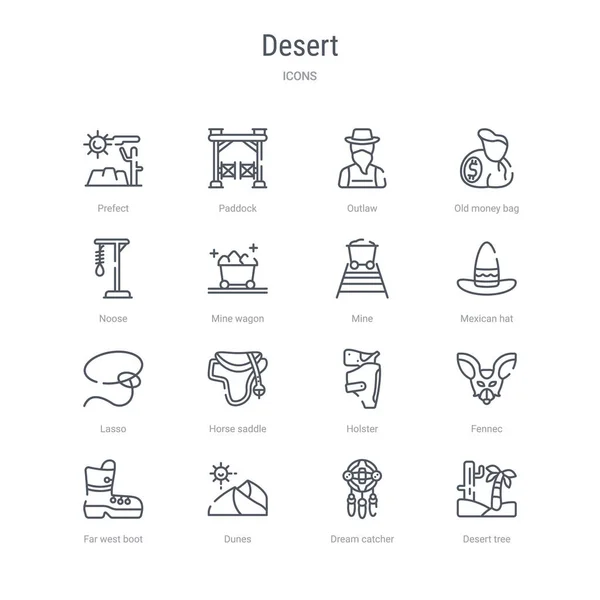 Set van 16 Desert concept vector lijn iconen zoals Desert tree, — Stockvector