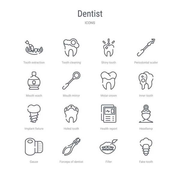 Conjunto de 16 ícones de linha vetorial conceito dentista, como dente falso , —  Vetores de Stock