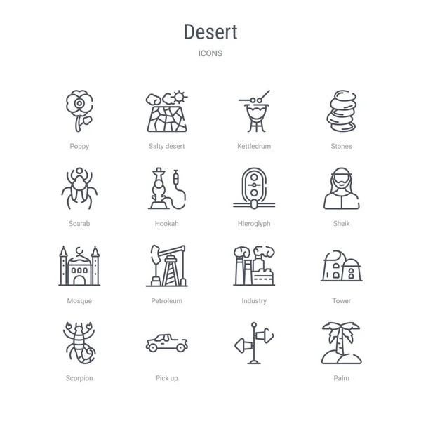 Conjunto de 16 iconos de la línea vectorial concepto desierto como la palma,, recoger — Vector de stock