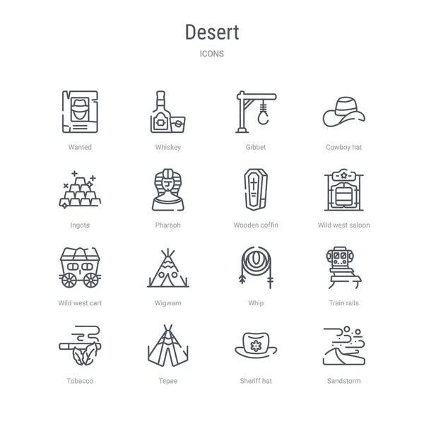 Set van 16 Desert concept vector lijn iconen zoals zandstorm, sh — Stockvector
