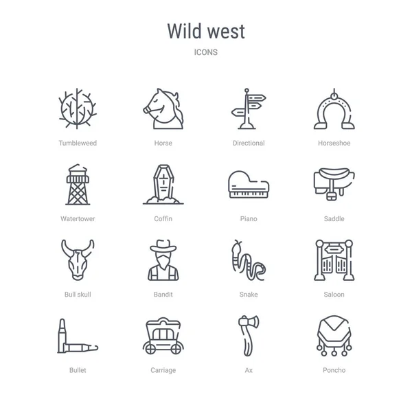 Conjunto de 16 salvaje oeste concepto vector línea iconos como poncho, hacha — Vector de stock