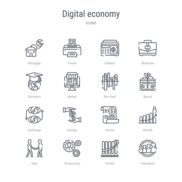 Set van 16 digitale economie concept vector lijn iconen zoals popula — Stockvector