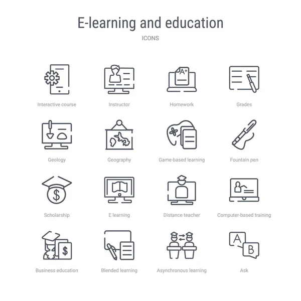 Meg a 16 e-learning és az oktatás fogalma vektor vonal ikonok siker — Stock Vector