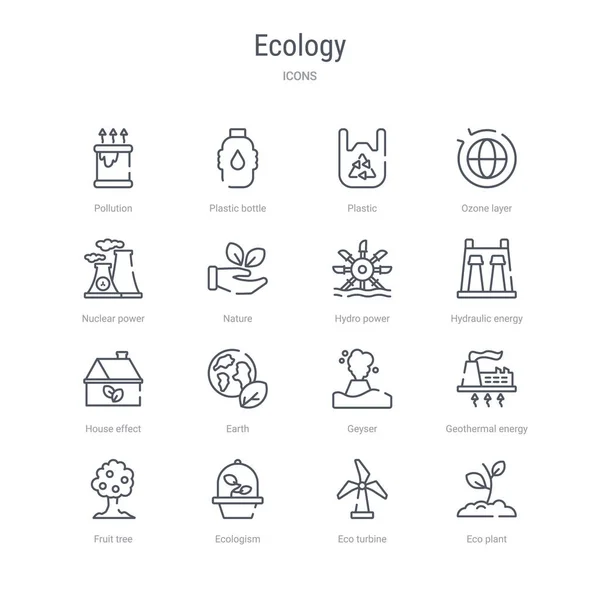 Conjunto de 16 ecología concepto vector línea iconos como la planta ecológica, e — Archivo Imágenes Vectoriales