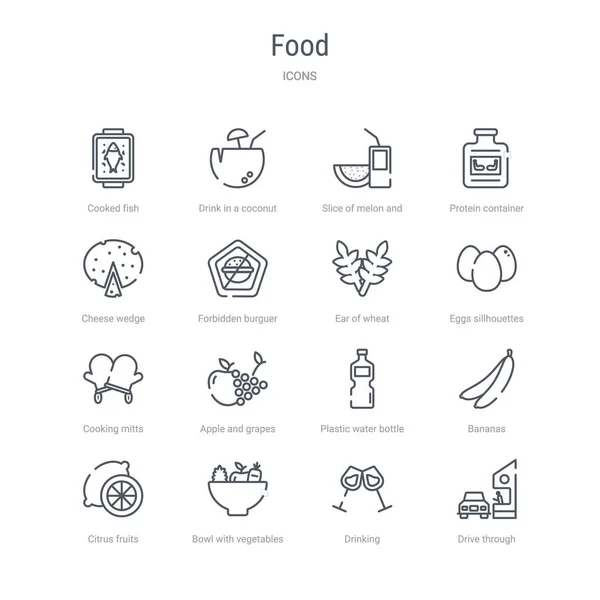 16 个食品概念矢量行图标，如驱动器通过, — 图库矢量图片