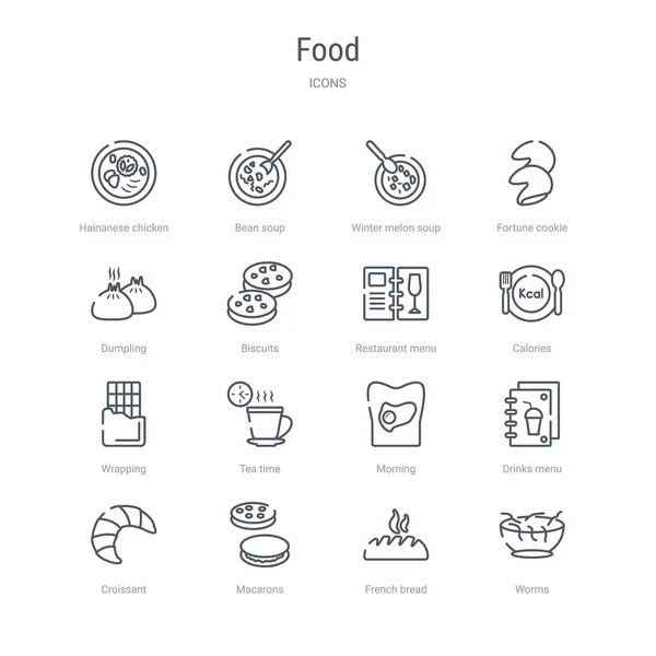 Conjunto de 16 iconos de línea vectorial concepto de alimentos como gusanos, francés b — Vector de stock