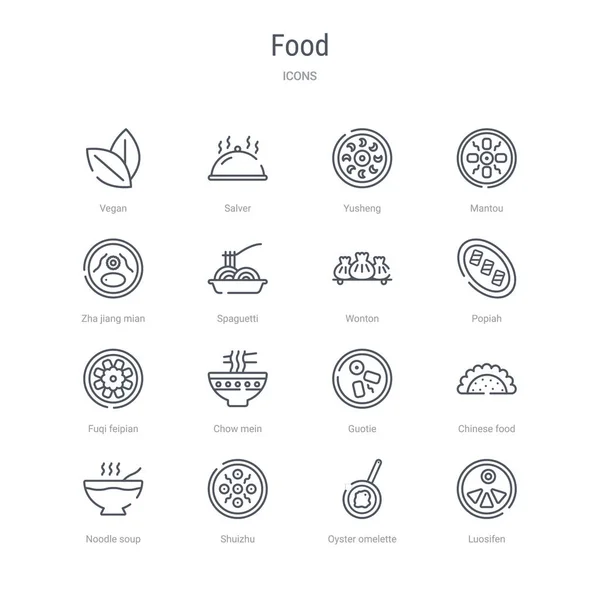 Conjunto de 16 iconos de línea de vectores de concepto de alimentos como luosifeno, oyste — Archivo Imágenes Vectoriales
