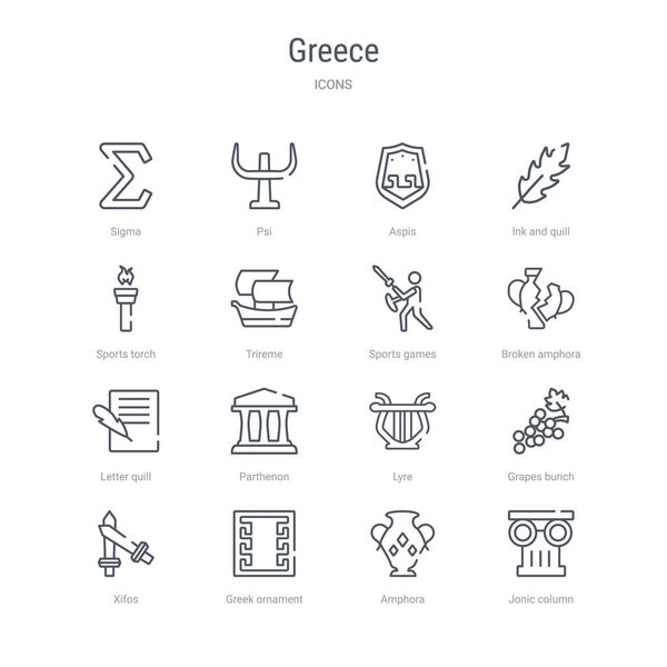 set of 16 greece concept vector line icons such as jonic column,