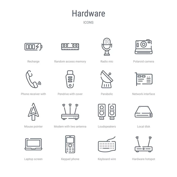 Conjunto de 16 iconos de línea de vectores de concepto de hardware como el hardware ho — Archivo Imágenes Vectoriales