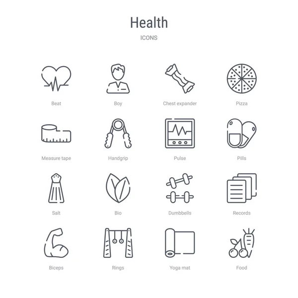 Set of 16 health concept vector line icons such as food, yoga ma — Stock Vector