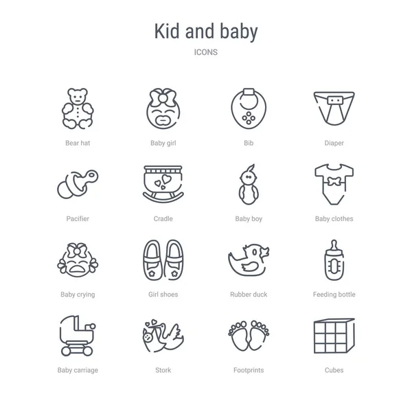Набор из 16 иконок векторных линий ребенка и ребенка, таких как кубики , — стоковый вектор