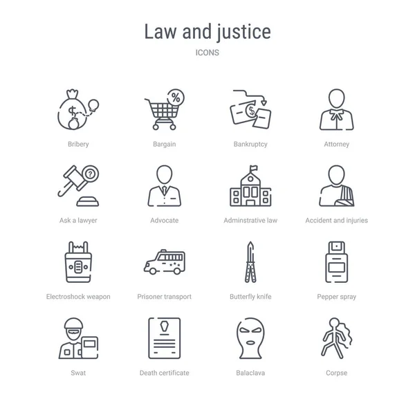 Ensemble de 16 icônes de ligne vectorielle de concept de loi et de justice telles que corp — Image vectorielle