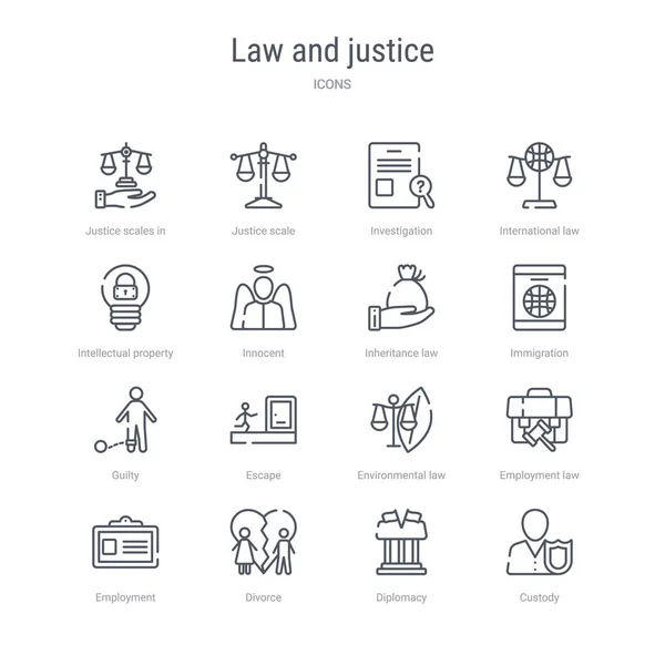 Custなどの16の法と正義の概念ベクトルラインアイコンのセット — ストックベクタ