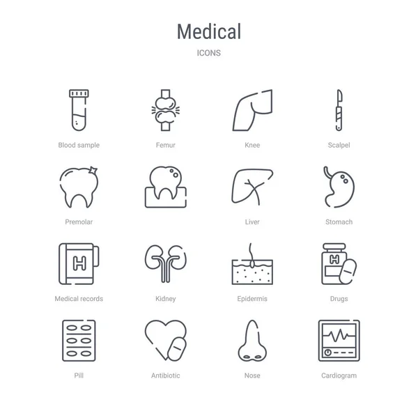 Set di 16 icone della linea vettoriale del concetto medico come il cardiogramma , — Vettoriale Stock