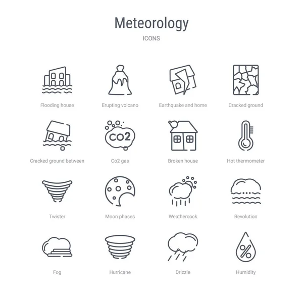 Set di 16 icone della linea vettoriale del concetto di meteorologia come l'umidità — Vettoriale Stock
