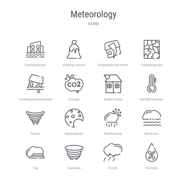 Satz von 16 meteorologischen Konzeptvektorzeilensymbolen wie Feuchtigkeit — Stockvektor