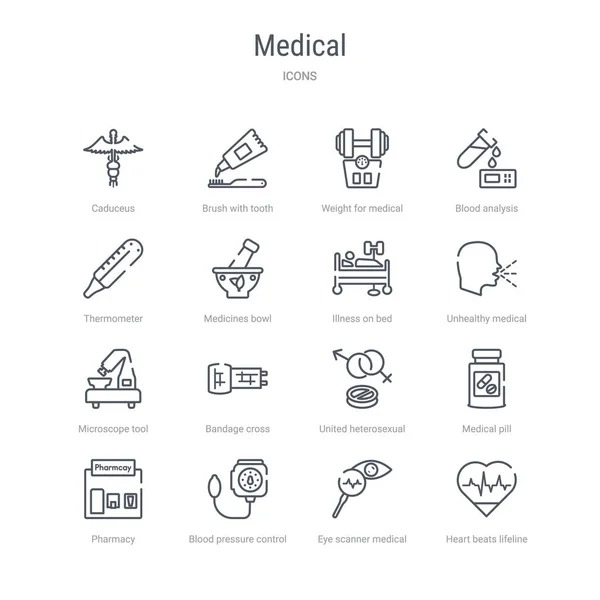 Conjunto de 16 iconos de línea de vectores concepto médico, tales como latidos del corazón — Archivo Imágenes Vectoriales