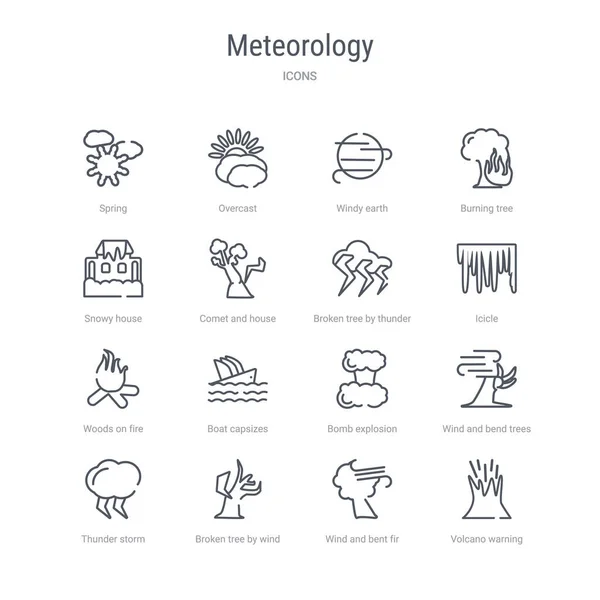 Conjunto de 16 iconos de línea vectorial concepto meteorología como volcán — Archivo Imágenes Vectoriales