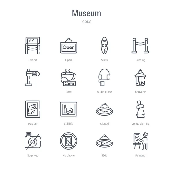 Conjunto de 16 ícones de linha vetorial conceito museu, como pintura, exi —  Vetores de Stock