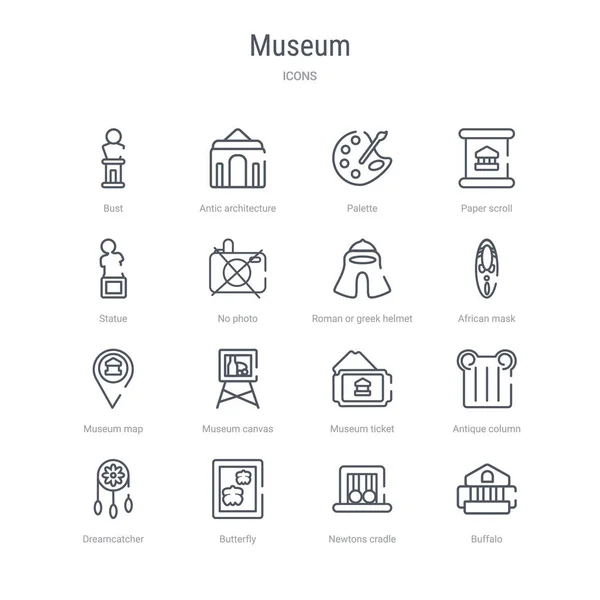 Set von 16 Museumskonzeptlinien-Symbolen wie Büffel, Molch — Stockvektor
