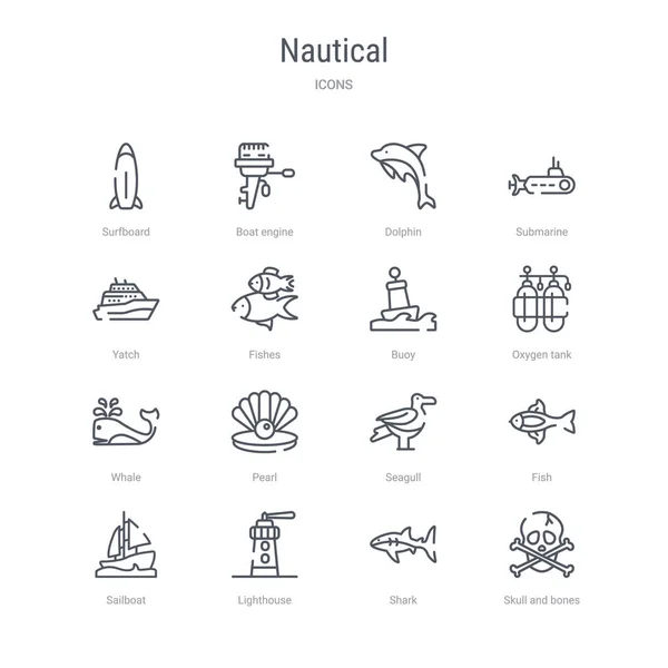 Conjunto de 16 iconos de línea vectorial concepto náutico como cráneo y b — Vector de stock
