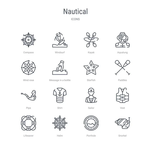 Conjunto de 16 iconos de línea vectorial concepto náutico como snorkel, po — Vector de stock