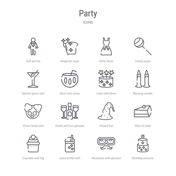 Conjunto de 16 iconos de línea de vector de concepto de partido, tales como pictu cumpleaños — Vector de stock