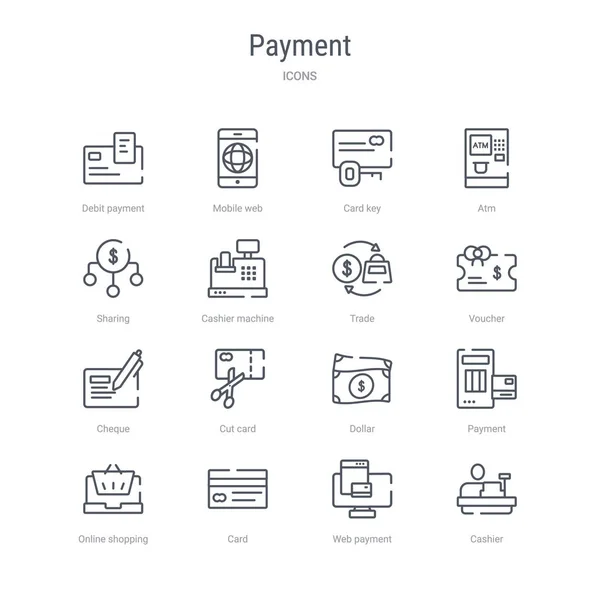Conjunto de 16 ícones de linha vetorial conceito de pagamento, como caixa, web — Vetor de Stock