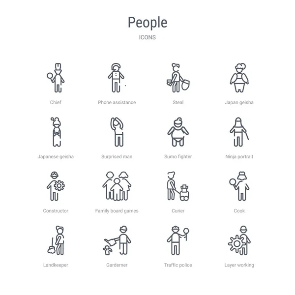 Conjunto de 16 iconos de línea de vectores de concepto de personas, tales como capa de trabajo — Vector de stock