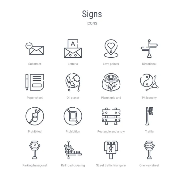Conjunto de 16 iconos de línea de vectores de concepto de signos, tales como calle de una vía — Vector de stock