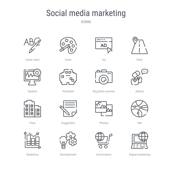 Set van 16 Social media marketing concept vector lijn iconen dergelijke — Stockvector