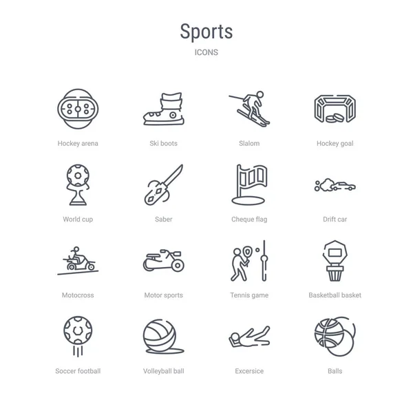 Conjunto de 16 ícones de linha vetorial conceito de esportes, tais como bolas, excers — Vetor de Stock