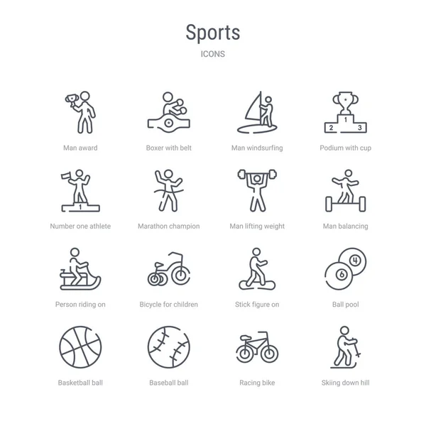 Set von 16 Sport-Konzeptvektorlinien-Symbolen wie Skifahren h — Stockvektor